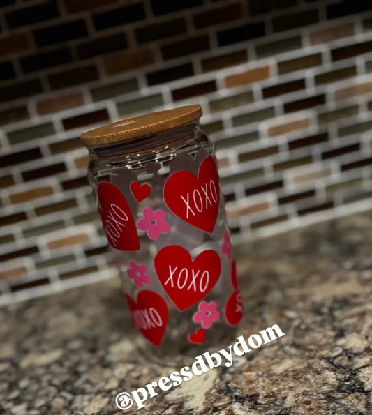 XOXO glass cup with red hearts and pink flowers, bamboo lid aesthetic drinkware by Press’d by Dom.