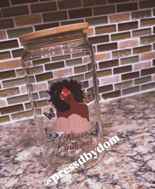 Choose Kindness glass cup featuring an Afro woman with butterflies and bamboo lid – motivational aesthetic drinkware by Press’d by Dom.