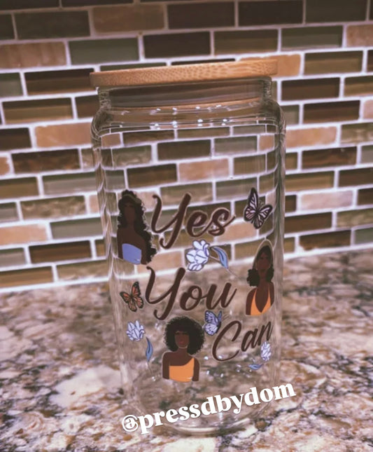 Yes You Can Glass Cup with Bamboo Lid – Motivational Butterfly Drinkware | Press’d by Dom